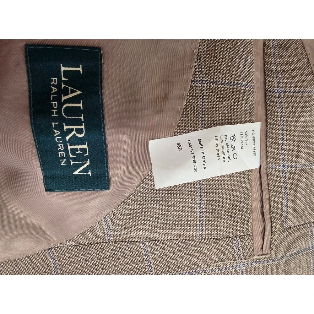 Lauren Ralph Lauren Silk Wool Blazer 48R Tan Glen Plaid Blue Windowpane Jacket